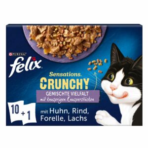 FELIX Sensations Crunchy Geschmacksvielfalt mit Gemüse 10x85g + 1x40g Knusperstückchen